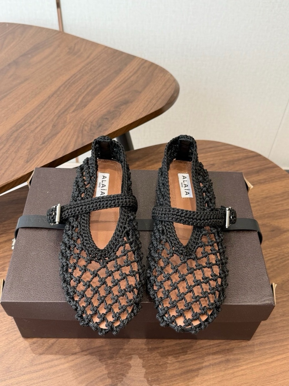 Alaia Black Crochet Mary Jane Flats with Buckle Strap